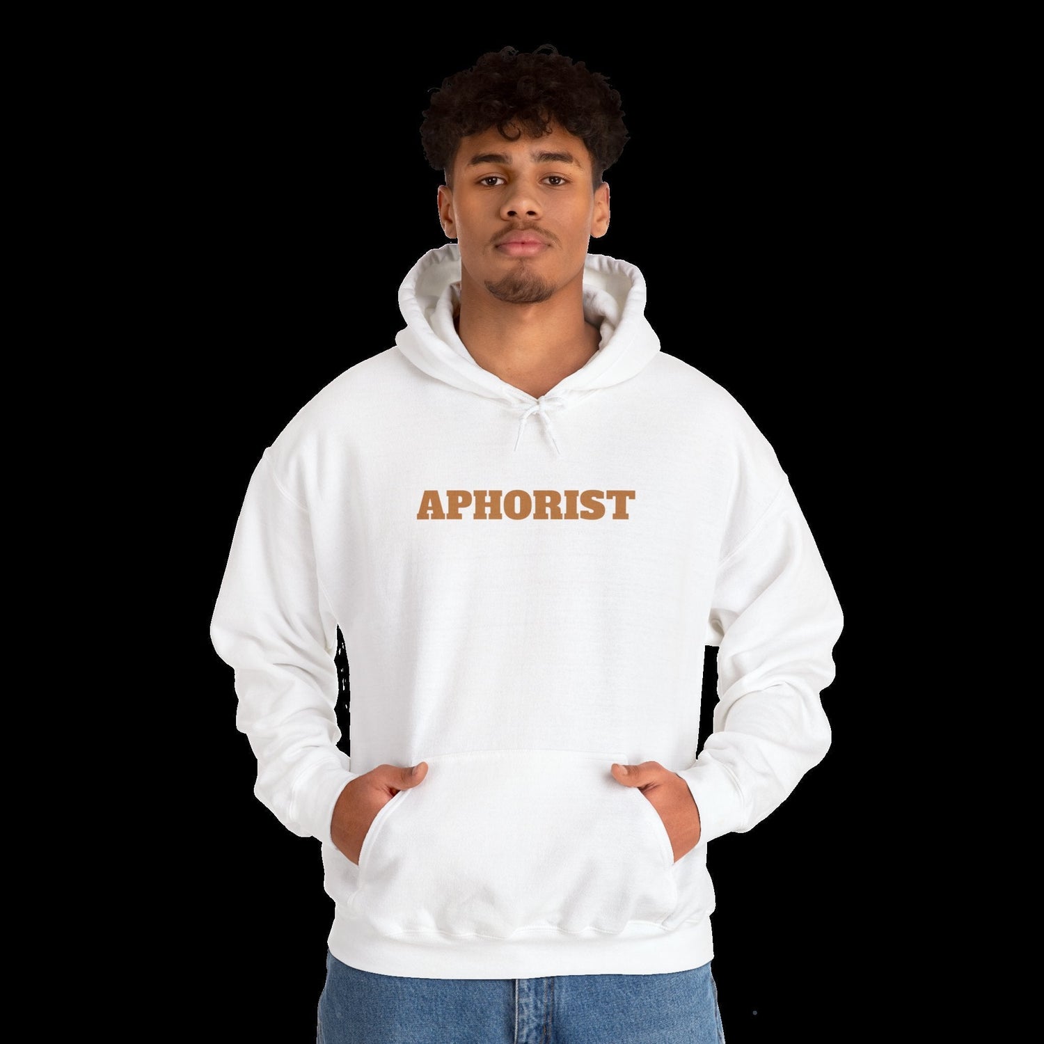 Young man in a hooded sweatshirt with the inscription Aphorist.