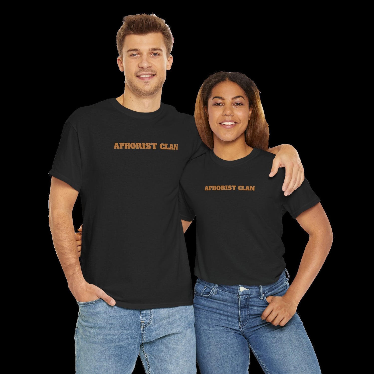 Young couple wears T-shirt with the inscription: Aphorist Clan